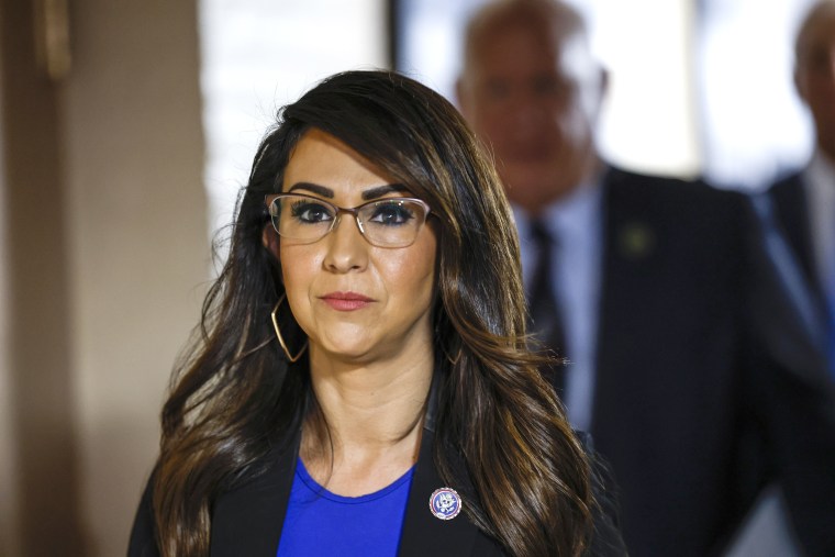 Lauren Boebert attends a Republican caucus meeting at the U.S. Capitol Building