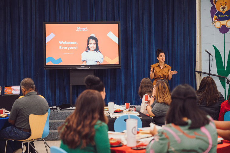 Veronica Benavides makes a presentation to more than 80 teachers from the Aldine Independent School District in Houston, Texas.