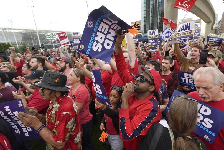 United Auto Workers members hold a rally in Detroit, Friday, Sept. 15, 2023. The UAW is conducting a strike against Ford, Stellantis and General Motors.