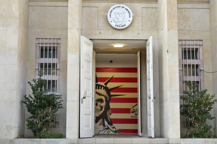 The entrance to the former U.S. Embassy, which has been turned into an anti-American museum, in Tehran on Aug. 19, 2023.