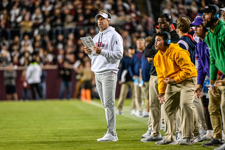 Mississippi Rebels head coach Lane Kiffin watches from the sideline during the football game between the Ole Miss Rebels and Texas A&M Aggies on Oct. 29, 2022 in College Station, Texas.