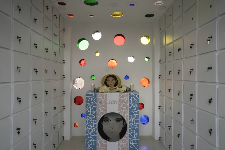 A small altar with images of trans woman Paola Buenrostro in the newly opened mausoleum for trans women in Mexico City
