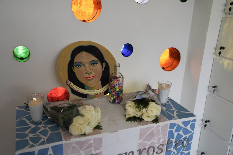 A small altar with an image of trans woman Paola Buenrostr in the newly opened mausoleum for trans women in Mexico City