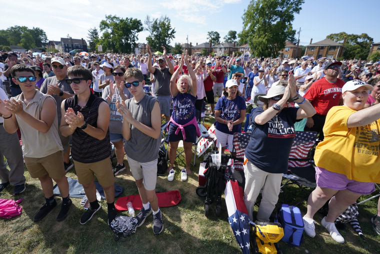 A crowd cheers during an anti-abortion "rosary rally" in Norwood, Ohio
