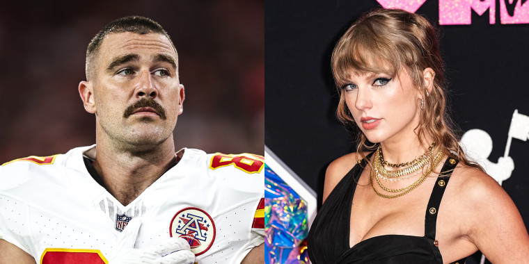 Travis Kelce #87 of the Kansas City Chiefs; Singer songwriter Taylor Swift.