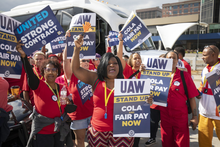 United Auto Workers members attend a solidarity rally as the UAW strikes the Big Three auto makers on September 15, 2023 in Wayne, Michigan. This is the first time in history that the UAW is striking all three of the Big Three auto makers, Ford, General Motors, and Stellantis, at the same time.