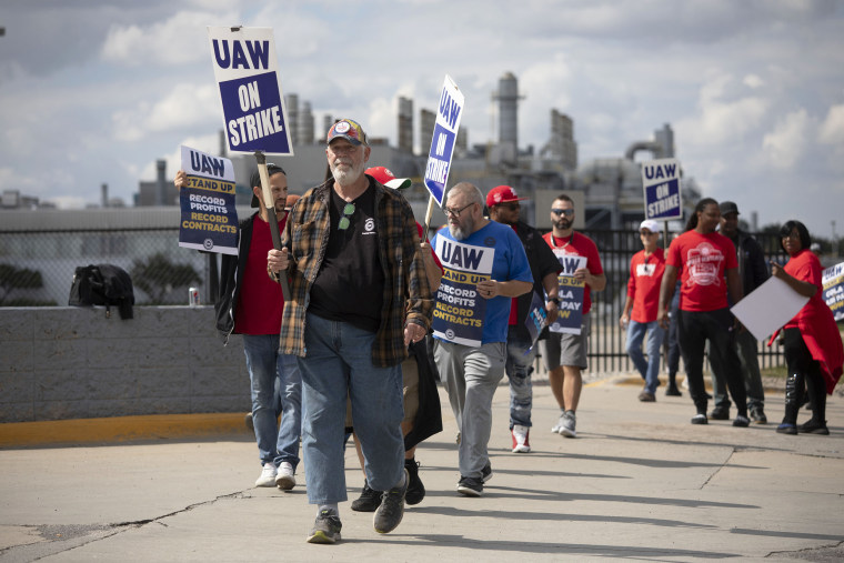 United Auto Workers members strike at the Ford Michigan Assembly Plant