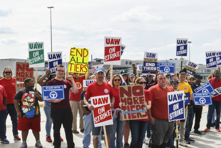 UAW members strike at a picket line at Ford Michigan Assembly Plant
