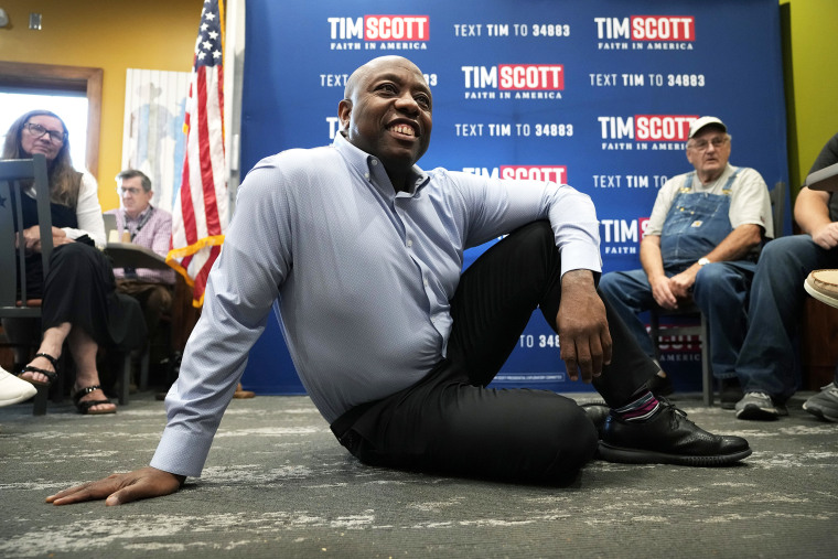 Republican presidential candidate Sen. Tim Scott, R-S.C., listens to a question from an audience member during a meet and greet, Monday, Sept. 18, 2023, in Fort Dodge, Iowa.