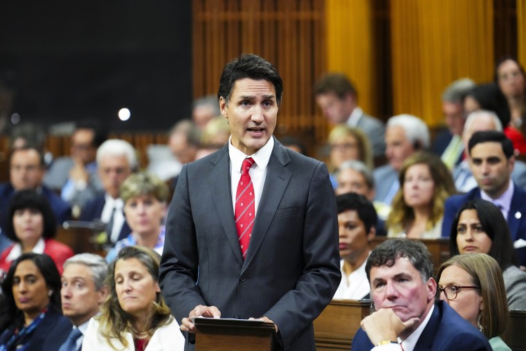 Canada Prime Minister Justin Trudeau delivers a statement in the House of Commons on Parliament Hill in Ottawa, Ontario, on Monday, Sept. 18, 2023.