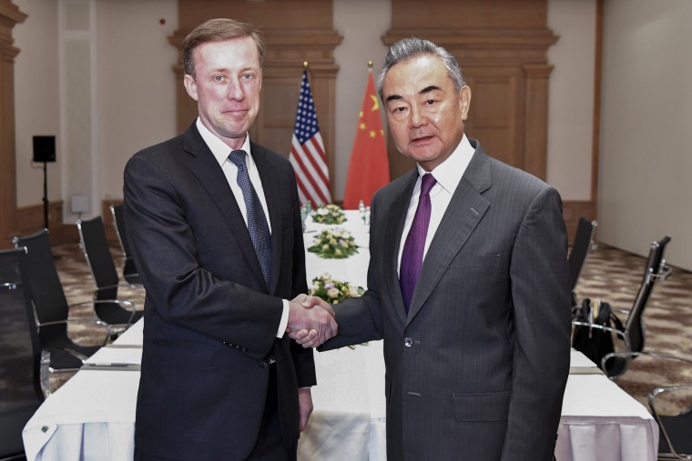 U.S. National Security Advisor Jake Sullivan with Chinese Foreign Minister Wang Yi in Malta on Saturday.
