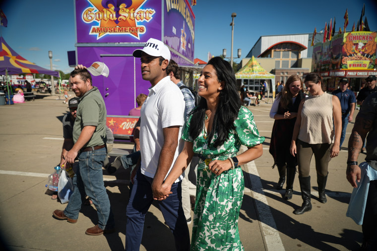 Apoorva Ramaswamy campaigns with her husband, Vivek Ramaswamy, at the Clay County Fair in Spencer, Iowa, on Sept. 17, 2023.