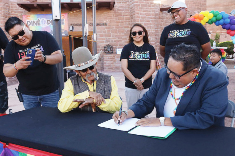 Navajo Nation Council Del. Seth Damon, right, introduced legislation that would recognize same-sex marriages.