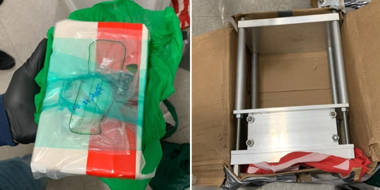 Law enforcement officers found a one-kilogram package that tested positive for fentanyl and two “kilo press” machines.