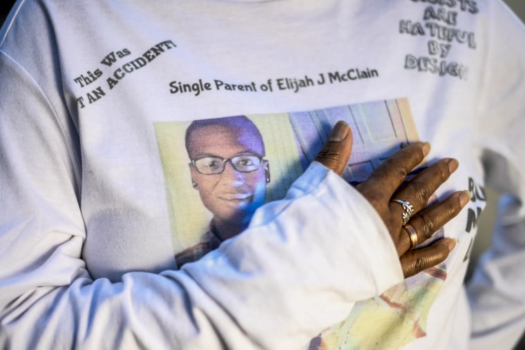 Sheneen McClain stands at the site where her son Elijah was killed in Aurora, Colo., on Aug. 18, 2021. 