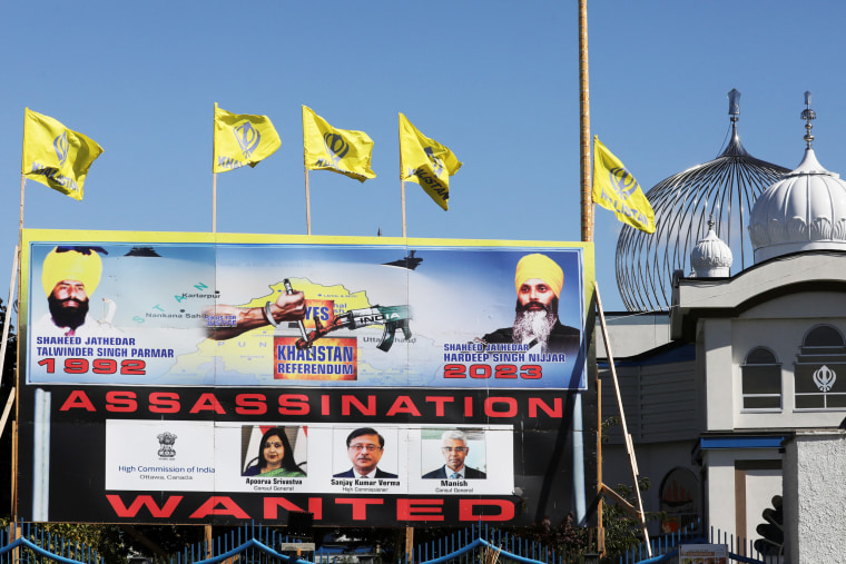 A sign outside the Guru Nanak Sikh Gurdwara temple is seen after the killing on its grounds in June 2023 of Sikh leader Hardeep Singh Nijjar, in Surrey