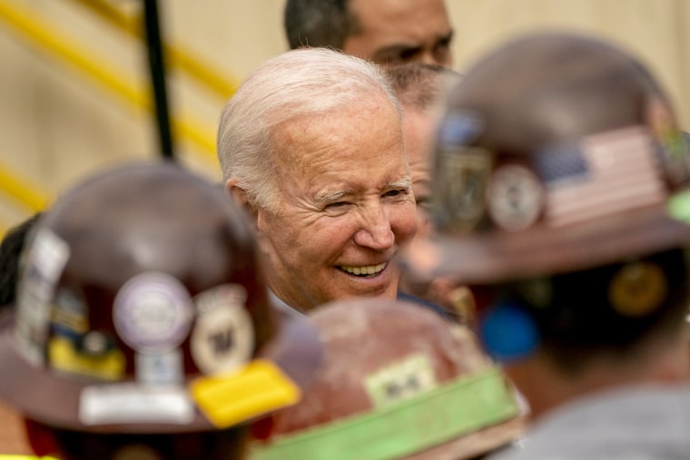 President Joe Biden greets union workers at Los Angeles Metro's Purple Extension Transit Project on Oct. 13, 2022.