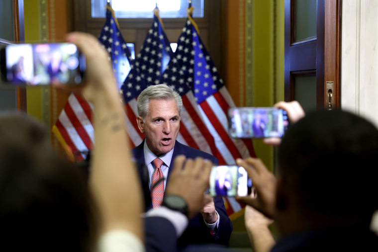 Speaker of the House Kevin McCarthy addresses reporters at the Capitol