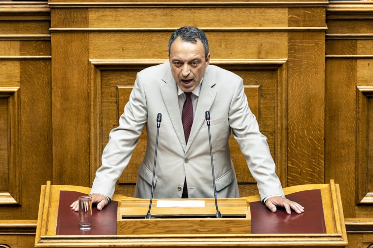 Vassilis Stigas, leader of Spartans party, in parliament in Athens, Greece, on July 8, 2023.