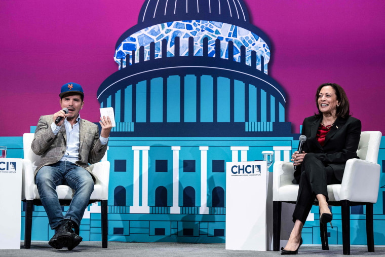 Image: Vice President Kamala Harris and actor John Leguizamo participate in a conversation during the Congressional Hispanic Caucus Institute Leadership Conference at the Walter E. Washington Convention Center on Sept. 20, 2023.
