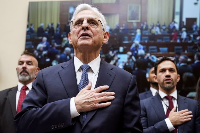 Attorney General Merrick Garland says the Pledge of Allegiance before a House Judiciary Committee hearing on Sept. 20, 2023.