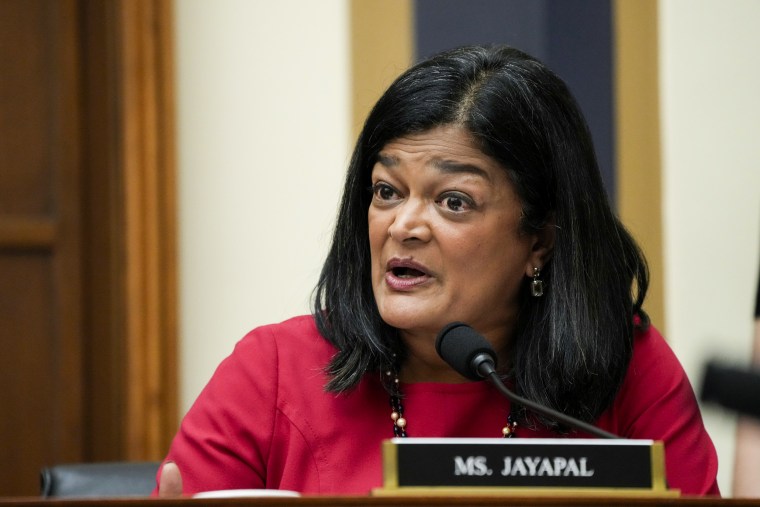 Rep. Pramila Jayapal, D-Wash., speaks to Attorney General Merrick Garland on Sept. 20, 2023.