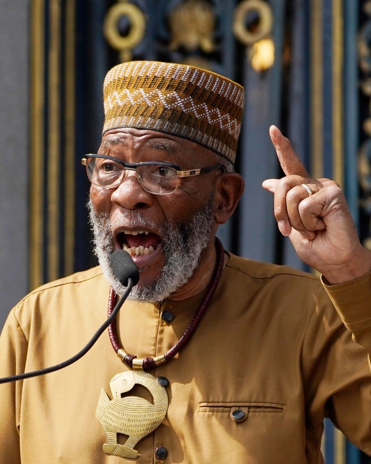 Rev. Amos Brown during a rally in support of reparations for African Americans outside City Hall in San Francisco on Sept. 19, 2023.