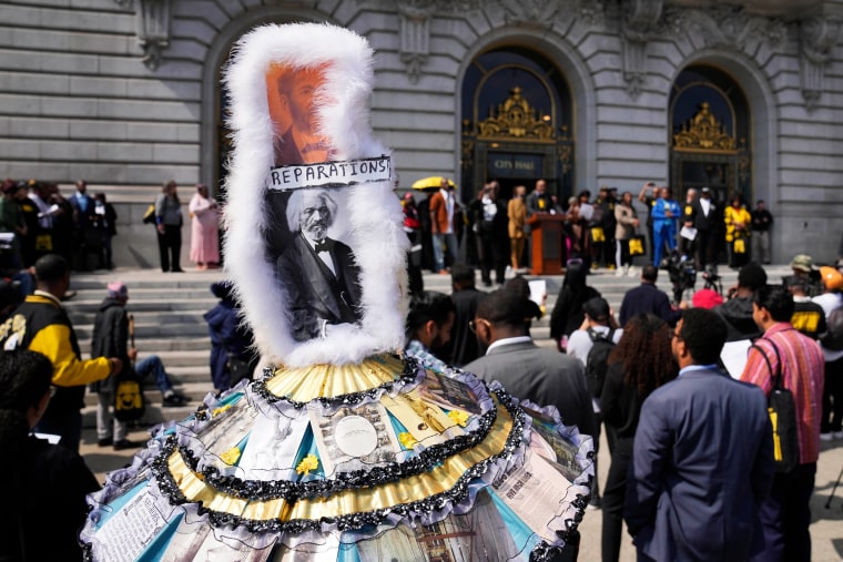 A rally in support of reparations for African Americans outside City Hall in San Francisco on Sept. 19, 2023.
