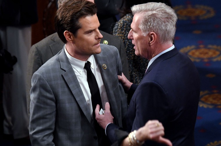 Rep. Matt Gaetz and Rep. Kevin McCarthy speak in the House Chamber