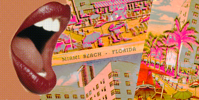 Photo Illustration: A retro-looking illustration of a woman's mouth over various postcards of Miami Beach