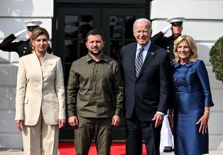 Image: President Joe Biden and first lady Jill Biden welcome Ukrainian President Volodymyr Zelensky and first lady Olena Zelenska at the South Portico of the White House  on Sept. 21, 2023.