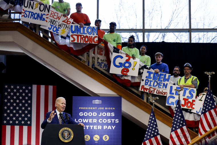 President Joe Biden with the International Brotherhood of Electrical Workers union Local 26 in Lanham, Md., on Feb. 15, 2023.