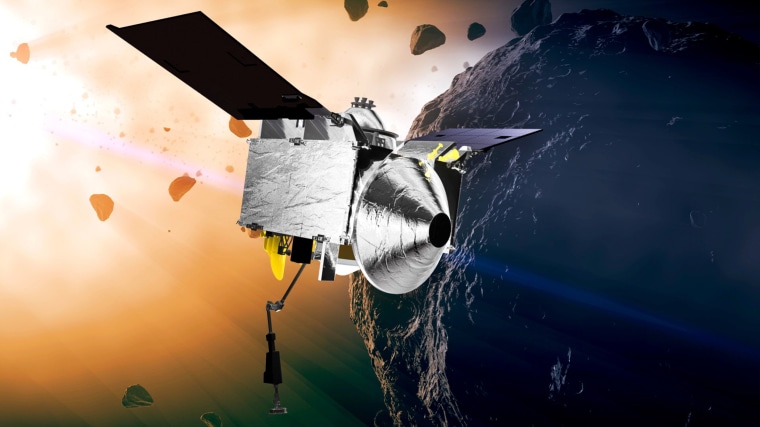 Illustration provided by NASA depicting the OSIRIS-REx spacecraft at the asteroid Bennu. 