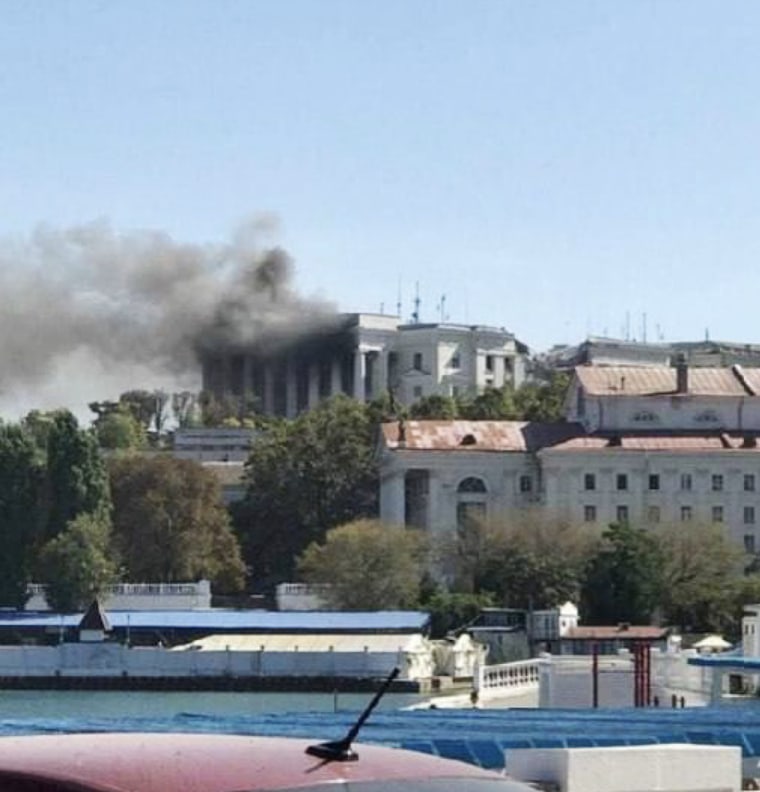 Smoke rises from the headquarters of the Black Sea Fleet in Sevastopol on Friday.
