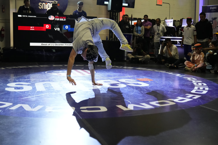 Odylle Beder, B-Girl Mantis, competes during the quarterfinal round in the Breaking for Gold Big Apple regional competition, in Brooklyn, N.Y.