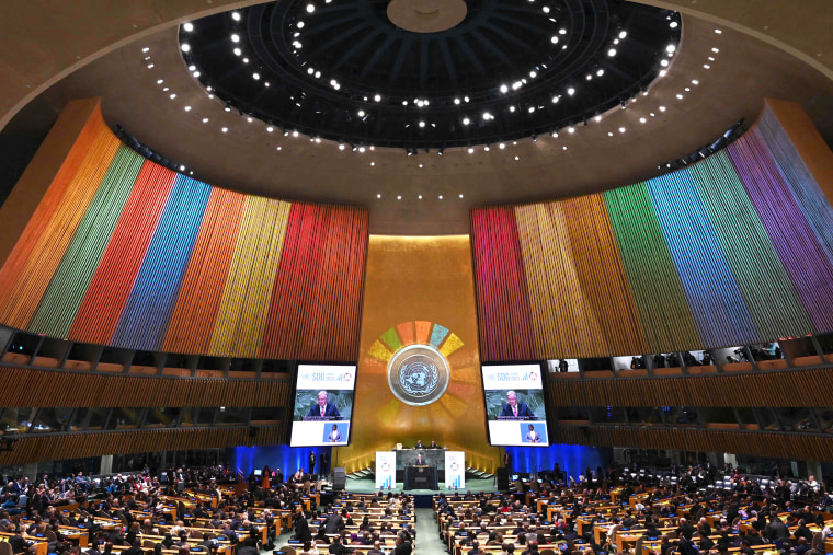 United Nations Secretary-General Antonio Guterres speaks at the opening session of the second Sustainable Development Goals (SDG) Summit on September 18, 2023 ahead of the 78th UN General Assembly.