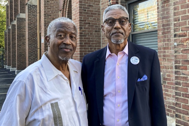 Chester Deanes, left, and Ben Phillips lived in the former Pruitt-Igoe housing development in St. Louis.