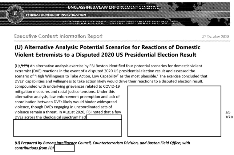 An FBI report showing the potential for violence following the result of the 2020 election.