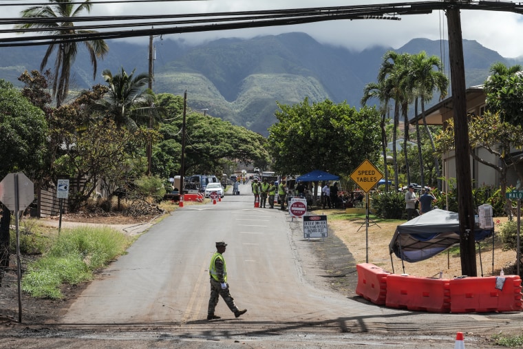 Members of the Hawaii National Guard at the checkpoint on Kaniau Road on Sept. 25, 2023, in Lahaina, Hawaii.