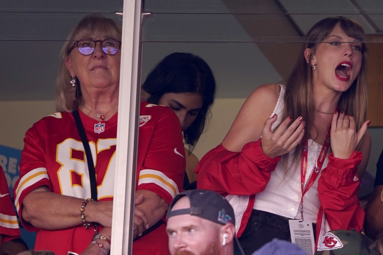 Image: Taylor Swift watches the Kansas City Chiefs game with Donna Kelce, left, the mom of Chiefs tight end Travis Kelce, on Sunday.