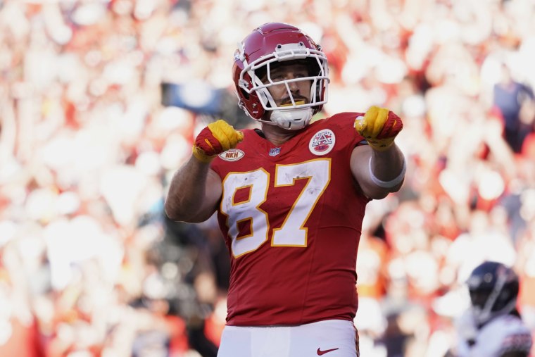 Image: Travis Kelce, a tight end for the Kansas City Chiefs, celebrates after scoring a touchdown against the Chicago Bears on Sunday.