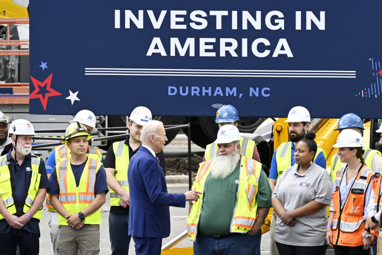 President Joe Biden visits a Wolfspeed semiconductor manufacturing facility in Durham, North-Carolina to kick off the Investing in America Tour in Durham NC, United States on March 28, 2023.
