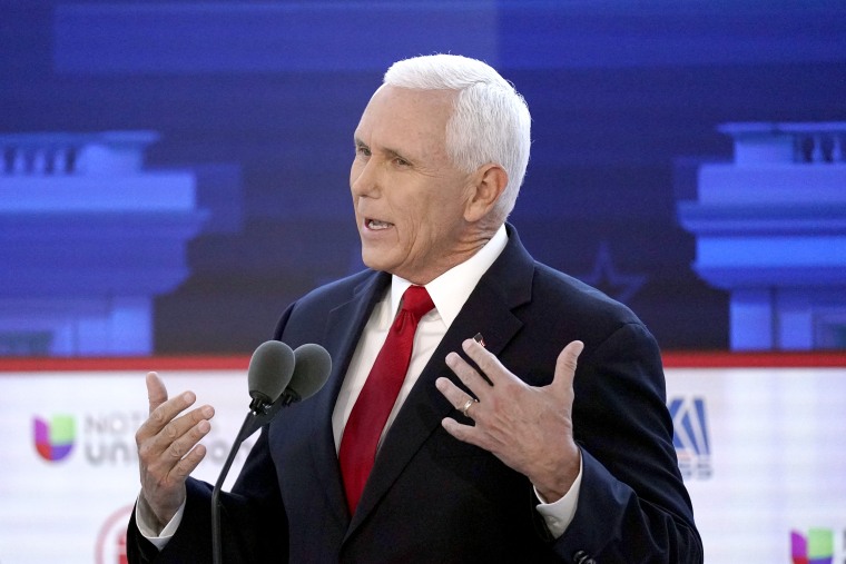 Image: Former Vice President Mike Pence at the Republican presidential primary debate on Weds.