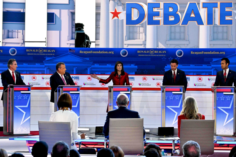 Image: Republican presidential candidates spar on stage at a debate hosted by FOX Business in Simi Valley, Calif., on Wednesday night.
