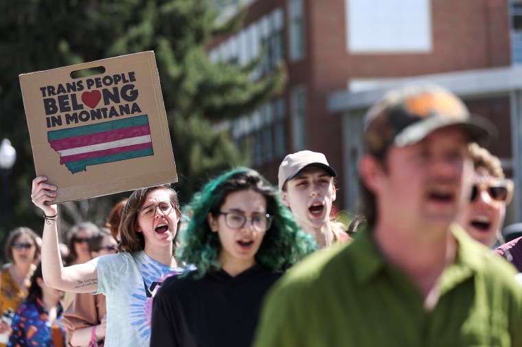 Transgender rights activists in Missoula, Mont., on May 3, 2023.