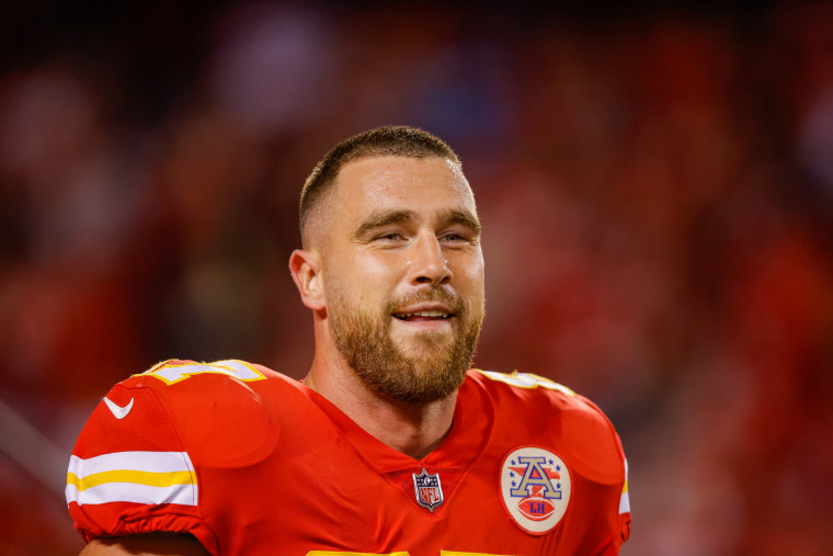 Travis Kelce during pregame warmups at Arrowhead Stadium in Kansas City, Mo.