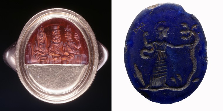 Other comparable items include a Roman sard intaglio, dating between the 1st-3rd century A.D., and a blue glass intaglio, said to be from Akhmim, Egypt, between the 2nd-3rd century A.D. 