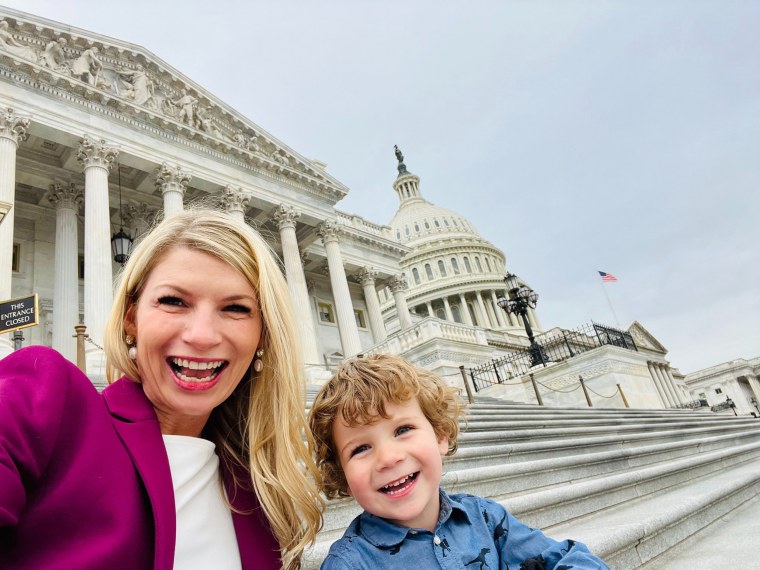 Rep. Brittany Petersen, Democrat of Colorado, and her 3-year-old son at the Capitol.