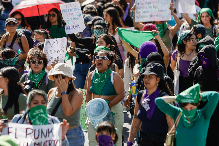 Women participate in an abortion-rights demonstration during the Day for Decriminalization of Abortion, in Mexico City on Sept. 28, 2023. 