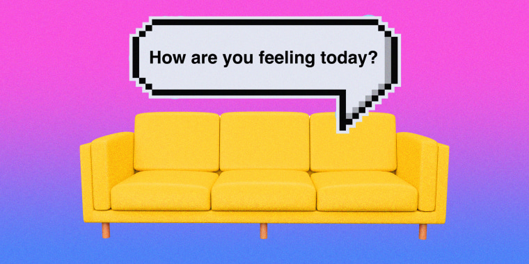 Photo illustration of a couch with an 8-bit style chat bubble that reads "how are you feeling today?"